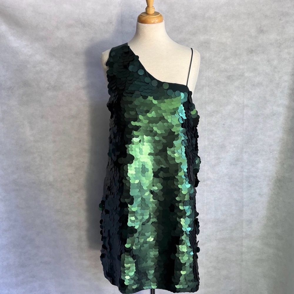 Anthropologie Emerald Sequin One-Shoulder mini dress